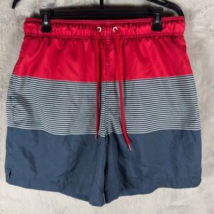 George Mens Red Blue Stripe Swim Trunks Board Shorts‎ Size Large 36 38